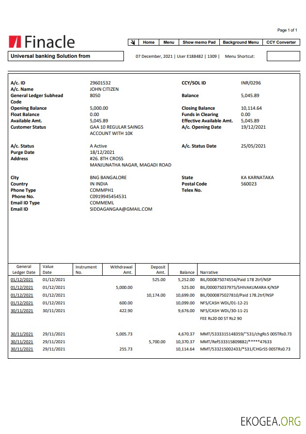 Modèle de relevé bancaire India Finacle facile à remplir au format Word et PDF